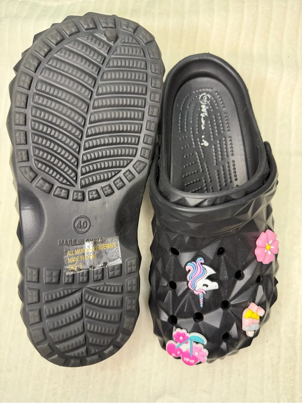 Crocs Black Textured Clog Sandals with Charms - Size 40 / US 9